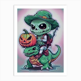 Funny Cowboy Skull Riding A Dinosaurus Art Print