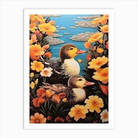 Ducklings With The Flowers Japanese Woodblock Style 1 Art Print