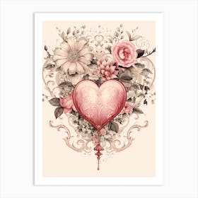 Floral Vintage Sepia Blush Pink Heart 1 Art Print