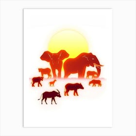 Silhouette Of Elephants At Sunset Art Print