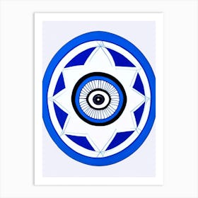 Dharma Wheel, Symbol, Third Eye Blue & White 4 Art Print