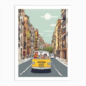 Cartoon People In A Yellow Van Art Print