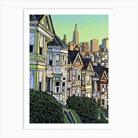 Painted Ladies San Francisco Linocut Illustration Style 2 Art Print