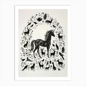 Unicorn With Woodland Animal Friends Black & White Illustration 1 Art Print