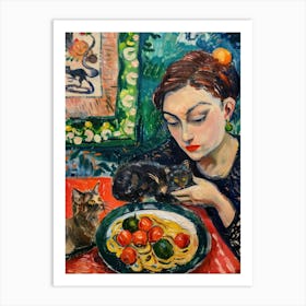 Portrait Of A Woman With Cats Eating Pasta 2 Art Print