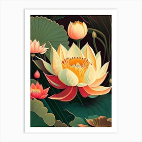 Lotus Flower In Garden Retro Illustration 2 Art Print