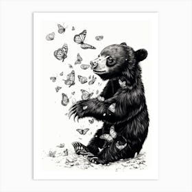 Malayan Sun Bear Cub Playing With Butterflies Ink Illustration 4 Art Print