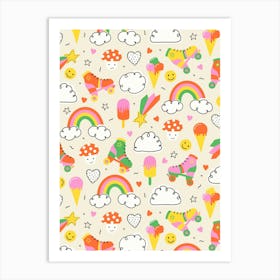 Happy 90s Groovy Pop Art Scattered Symbols Kids Art Print