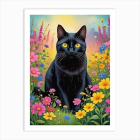 Quirky Cat In A Flower Field Art Print (3) Art Print