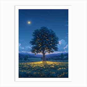 Lone Tree At Night Art Print