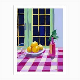 Lemons On Checkered Table, Magenta Tones, Frenchch Riviera In Matisse Style  Art Print