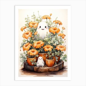 Cute Bedsheet Ghost, Botanical Halloween Watercolour 145 Art Print