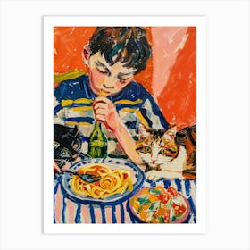 Portrait Of A Boy With Cats Having Pasta 4 Art Print