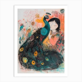 Peacock & Girl Sketch Art Print