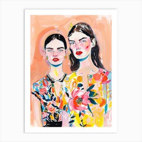 Two Women in Floral Dresses. Watercolor Bright Portrait Art Print