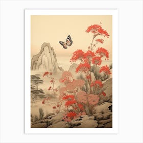 Red Flowers & Butterflies Japanese Style Painting 2 Art Print