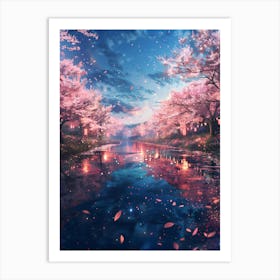 Cherry Blossoms And River Art Print