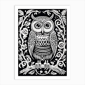 B&W Bird Linocut Owl 1 Art Print