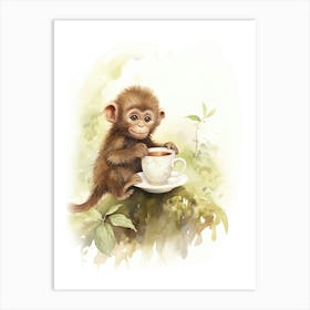 Monkey Painting Drinking Tea Watercolour 4 Art Print