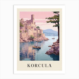 Korcula Croatia 4 Vintage Pink Travel Illustration Poster Art Print