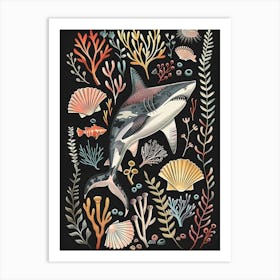 Shark In The Ocean Seascape Black Background Illustration 1 Art Print