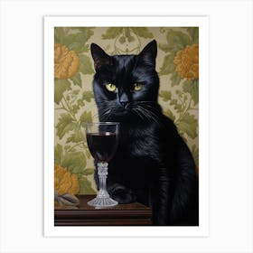 A Black Cat Holding A Glass Of Wine Painting Art Print