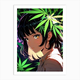 Anime Girl With Marijuana Leaves Art Print