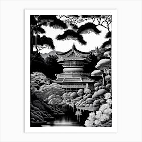 Ginkaku Ji Temple, Japan Linocut Black And White Vintage Art Print