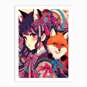 Pretty Anime Girl with Fox 7 Art Print