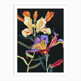 Neon Flowers On Black Freesia 4 Art Print