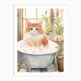 Turkish Cat In Bathtub Botanical Bathroom 2 Art Print