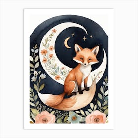 Floral Cute Fox Watercolor Moon Paining (29) Art Print