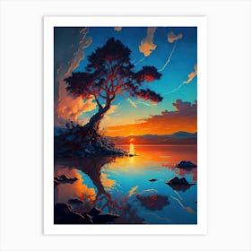 Sunset Tree - Blue and Orange Art Print