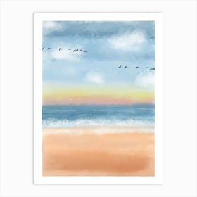 Beach Sunset Sea Ocean Sand Bird Sky Landscape Nature Watercolor Clouds Art Print