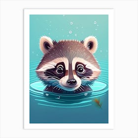 Swimming Raccoon With Bubbles And Leaves Art Print