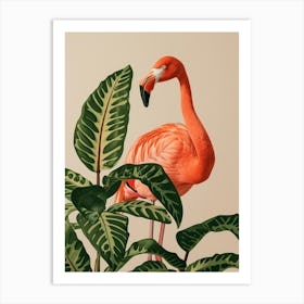 American Flamingo And Croton Plants Minimalist Illustration 2 Art Print