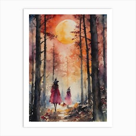 Mother and Daughter Rose Witches ~ Witchy parents, witch mom, pagan mom, pagan parenting, witchy artwork, witches, woods witch, hedge witchery, sunset walk, fairytale watercolor, forest witchcraft, beautiful paganism, midsummer, litha, colorful Art Print