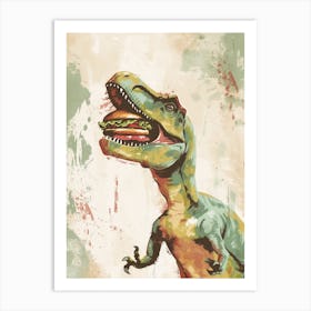 T Rex Eating A Hamburger Teal & Beige Art Print