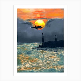 Beautiful Sunset evening at port with aero plane Art Print
