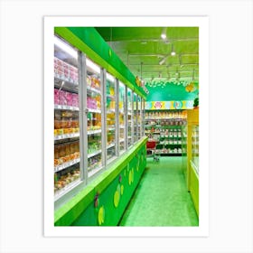 Green Tiger Exuding Cheerfulness Exploring The Whimsical Interior Of A Candy Shop Surrounded By Vi Art Print