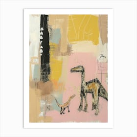 Dinosaur & Baby Dinosaur Muted Impasto Art Print