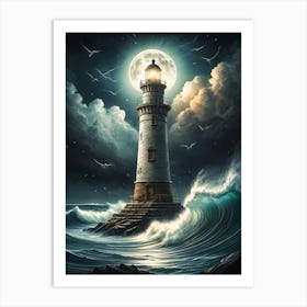 Lighthouse At Night Art Print