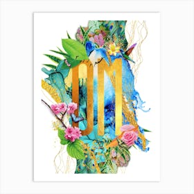 Om Botanical And Floral Text With Humming Bird In Gold, Pink, Blue And Green, Yoga, Spiritual, Wellbeing Art Print