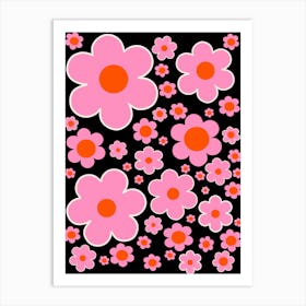 Retro Flower Black Orange Pink Art Print