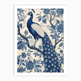 Blue & Cream Vintage Peacock Wallpaper Inspired  2 Art Print