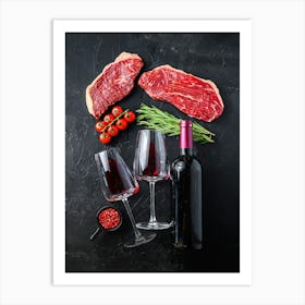 Wine and meat — Food kitchen poster/blackboard, photo art Art Print