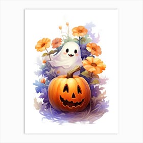 Cute Ghost With Pumpkins Halloween Watercolour 2 Art Print