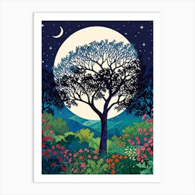 Night Sky With Tree And Flowers Art Print