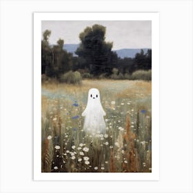 Cute Bedsheet Ghost In Flower Landscape Vintage Style, Halloween Spooky 4 Art Print