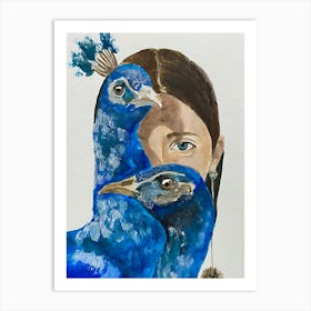  Girl and Peacocks Blue aesthetic drawing Art Print